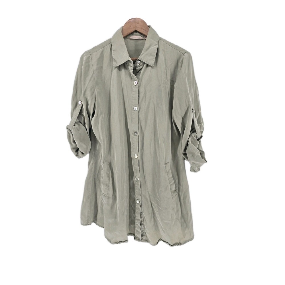Soft Surroundings Button Up Shirt Womens M Green Tencel Lyocell Roll Tab Utility